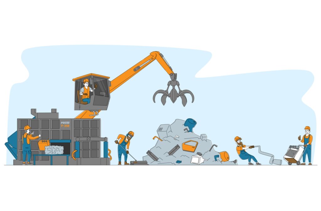 A cartoon rendition of people working in a junkyard, sorting through scrap metal to be recycled to be reused and repurposed